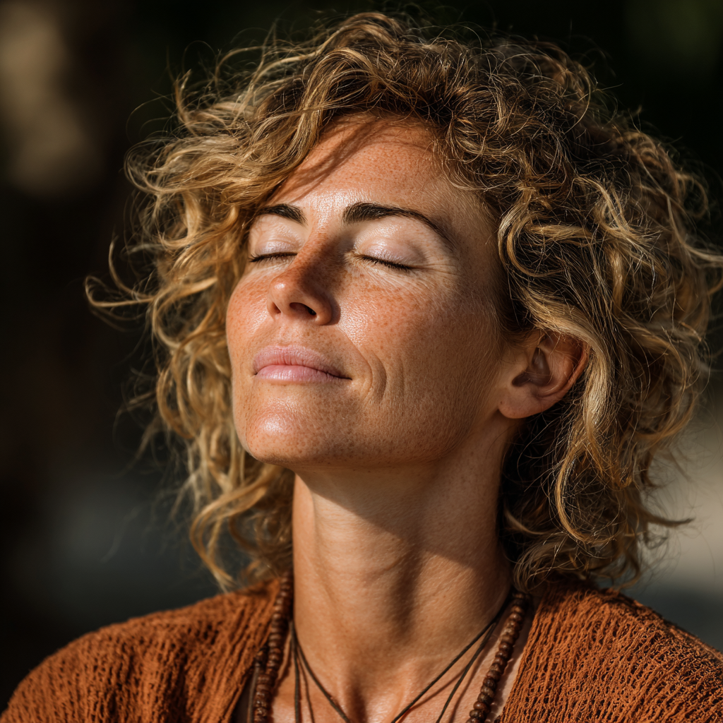 Calm woman in her 40s sitting in meditation pose with eyes closed in natural outdoor setting, showing peace and mindfulness
