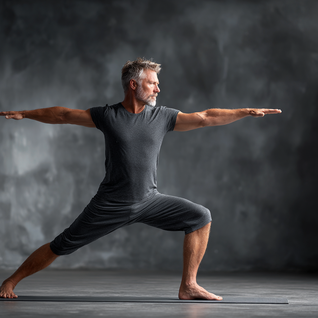 Mature man in his 50s in warrior pose on yoga mat in serene studio setting, demonstrating strength and balance in yoga practice