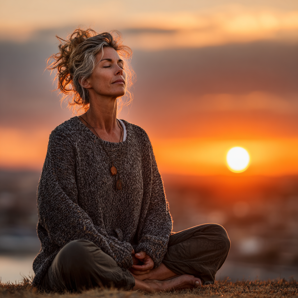 Peaceful woman in her 40s practicing meditation in lotus position outdoors during sunrise, embodying tranquility and mindfulness